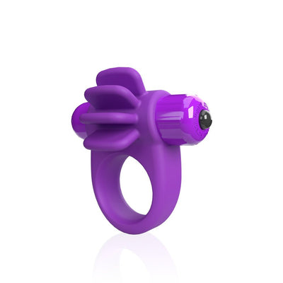 Purple vibrating cock ring with four flexible fins and a removable bullet vibrator, made of smooth silicone.
