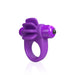 Purple vibrating cock ring with four flexible fins and a removable bullet vibrator, made of smooth silicone.
