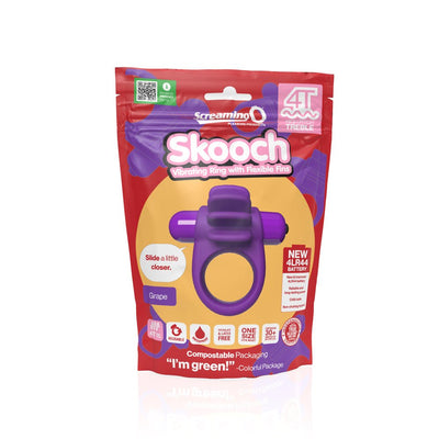 Packaging of Screaming O 4T Skooch vibrating ring in grape color with flexible fins and eco-friendly compostable design.