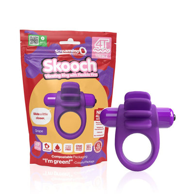 Purple Screaming O 4T Skooch vibrating ring with flexible fins next to eco-friendly compostable packaging.