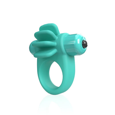 Turquoise silicone vibrating ring with four flexible fins and dual bullet motors for textured stimulation.