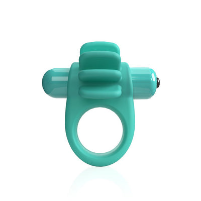 Turquoise vibrating cock ring with four flexible textured fins and a removable bullet vibrator.
