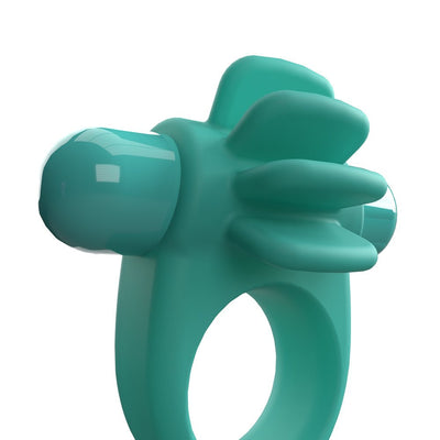 Teal silicone vibrating ring with four flexible fins and dual bullet motors for textured stimulation.