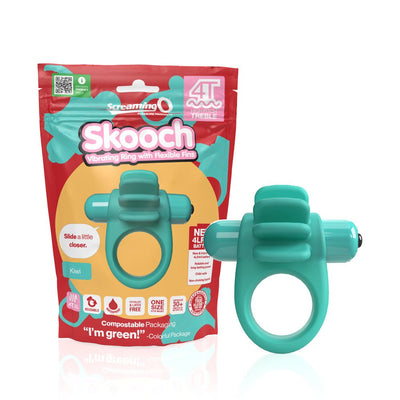 Teal Screaming O 4T Skooch vibrating ring with flexible fins shown next to eco-friendly compostable packaging.
