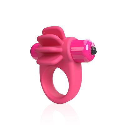 Pink silicone vibrating cock ring with four flexible fins and dual bullet motors for textured stimulation.