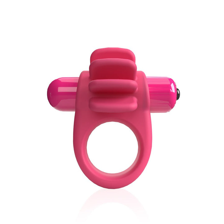 Pink vibrating cock ring with four flexible textured fins and a bullet vibrator on a white background.