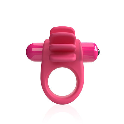 Pink vibrating cock ring with four flexible textured fins and a bullet vibrator on a white background.