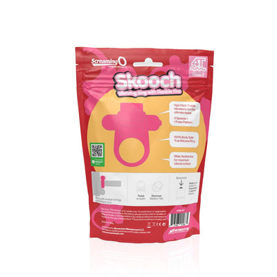 Packaging of Screaming O 4T Skooch vibrating ring with flexible fins, highlighting features and usage instructions.
