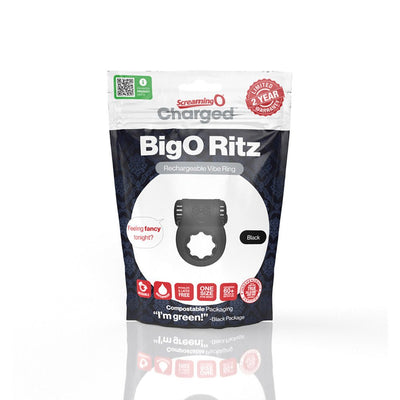 Packaging of Screaming O Charged Big O Ritz rechargeable black silicone vibrating cockring with eco-friendly compostable pouch.