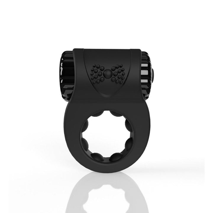 Black rechargeable silicone vibrating cock ring with textured inner and outer surfaces for enhanced stimulation.