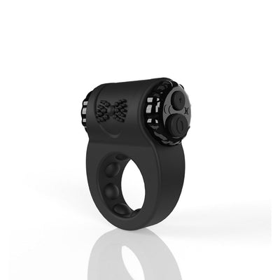 Black rechargeable silicone vibrating cock ring with textured surface and control buttons on top