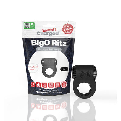Black Screaming O Charged Big O Ritz rechargeable vibrating silicone cockring with eco-friendly packaging displayed on white background.