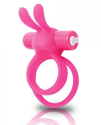 Pink wearable rabbit-style vibrating ring with dual ears and remote control buttons.