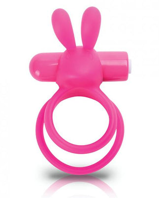 Pink wearable rabbit vibrator ring with dual ears and two adjustable silicone loops.