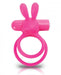 Pink wearable rabbit vibrator ring with dual ears and two adjustable silicone loops.