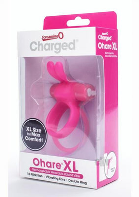 Pink Charged Ohare XL rechargeable wearable rabbit vibrator in clear retail packaging with product details.