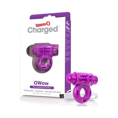 Purple rechargeable vibrating cock ring with textured design and USB charging cable beside its white and purple packaging box.