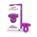 Purple rechargeable vibrating cock ring with textured design and USB charging cable beside its white and purple packaging box.