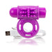 Purple rechargeable vibrating ring with textured surface and USB charging cable on white background.