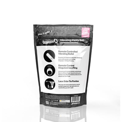 Packaging of Screaming O My Secret 4T Panty Vibe with remote control ring and lace side-tie panties shown from the back.