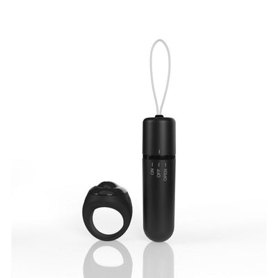 Black remote control ring and compact bullet vibrator with loop, designed for discreet wearable pleasure.
