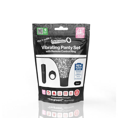 Black lace vibrating panty set with remote control ring in eco-friendly packaging by Screaming O.