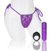 Purple lace side-tie panty with matching purple vibrating bullet and black remote control ring on white mannequin.