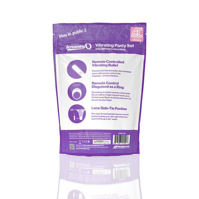 Purple and white packaging of Screaming O My Secret 4T vibrating panty set with remote control ring, showing product features and instructions.