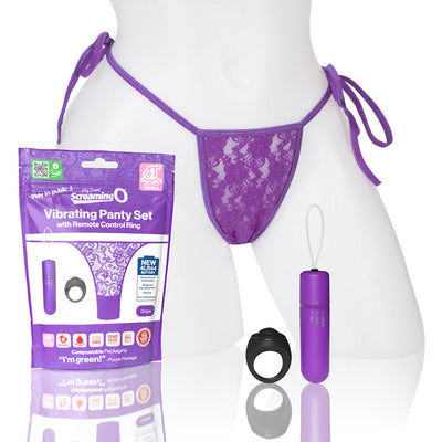 Purple lace side-tie panty with matching vibrating bullet and black ring remote control displayed with product packaging.