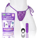 Purple lace side-tie panty with matching vibrating bullet and black ring remote control displayed with product packaging.