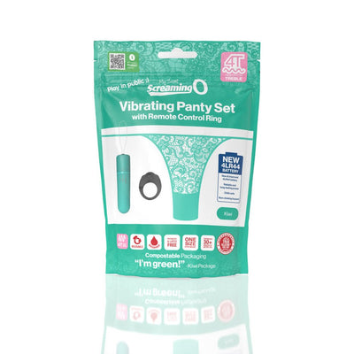 Screaming O My Secret Vibrating Panty Set in kiwi green with remote control ring and lace side-tie panty packaging.