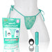 Teal lace side-tie panty displayed on mannequin with matching vibrating bullet, remote control ring, and product packaging.