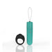 Compact teal vibrating bullet with pull loop and black discreet remote control ring on white background.