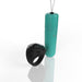 Black discreet remote control ring and teal bullet vibrator with on/off switch on white background.