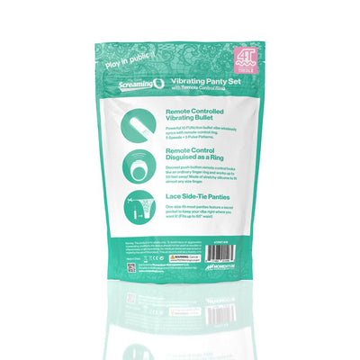 Packaging of Screaming O My Secret 4T Vibrating Panty Set with remote control ring and lace side-tie panties description.