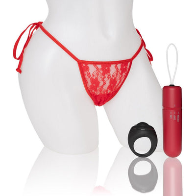 Red lace side-tie panty with discreet vibrating bullet and black remote ring for hands-free pleasure control.