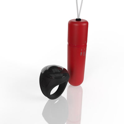Black discreet remote control ring and red bullet vibrator with on/off switch on white background