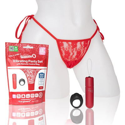 Red lace side-tie panty displayed on mannequin with matching red vibrating bullet and black remote control ring beside packaging.