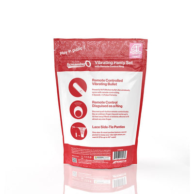 Red and white resealable package of Screaming O My Secret 4T Vibrating Panty Set with product features and icons on front.