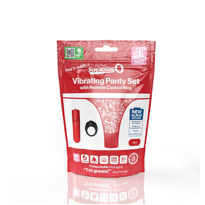 Red packaging of Screaming O Vibrating Panty Set with remote control ring, lace panty illustration, and product features icons.