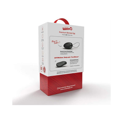 Packaging box of Screaming O Premium Remote Egg in black with product image and features listed on white and red design.