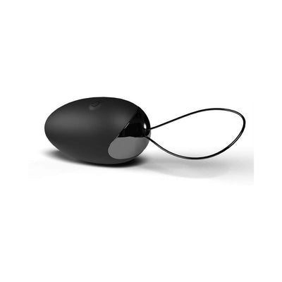Black remote control vibrating egg with a smooth silicone surface and a looped retrieval cord.