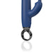Close-up of the navy blue Screaming O Primo Rabbit vibrator with a glossy black circular handle on a white background.