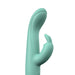 Mint green silicone rabbit vibrator with curved shaft and flexible dual-ear clitoral stimulator.