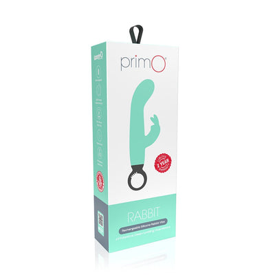Packaging box of Screaming O Primo Rabbit vibrator in teal and white with product image and features displayed.
