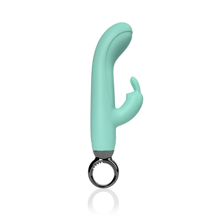Mint green silicone rabbit vibrator with curved shaft, flexible ears, and black circular handle on white background.