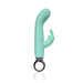 Mint green silicone rabbit vibrator with curved shaft, flexible ears, and black circular handle on white background.
