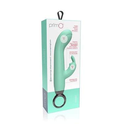Screaming O Primo Rabbit vibrator in mint green with dual motors and ergonomic handle in retail packaging.
