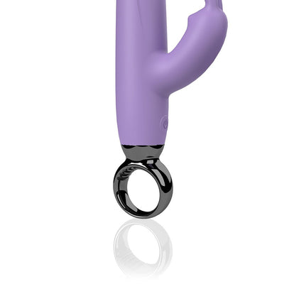 Close-up of purple Screaming O Primo Rabbit vibrator with black ergonomic handle and flexible rabbit ears on white background.