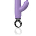 Close-up of purple Screaming O Primo Rabbit vibrator with black ergonomic handle and flexible rabbit ears on white background.
